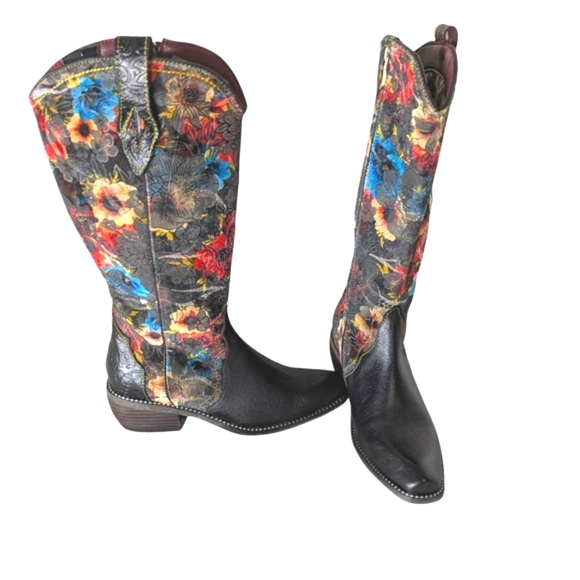 Rodeoqueen Leather Floral Print Velvet Studded Tall Western Boots ..Sz.37(6.5-7) - Picture 4 of 12